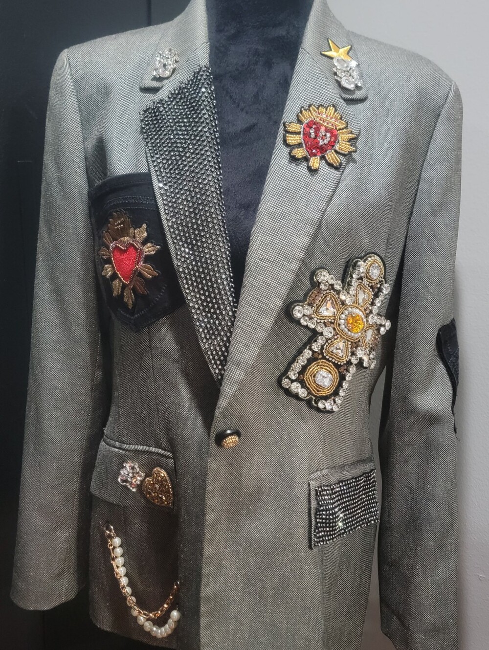 Custom Gray Embellished  Blazer with Decorative Heart & Cross Patches L